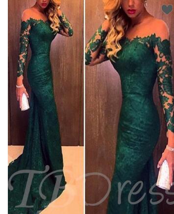 03888Off-the-Shoulder Zipper-Up Trumpet Lace Court Train Evening Dress