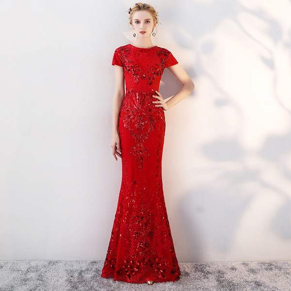 RY53106 Women Dresses Fashion Red Fashion Red Sequin Fishtail Wedding Dress Elegant Temperament Bride Toast Dress Prom Gown