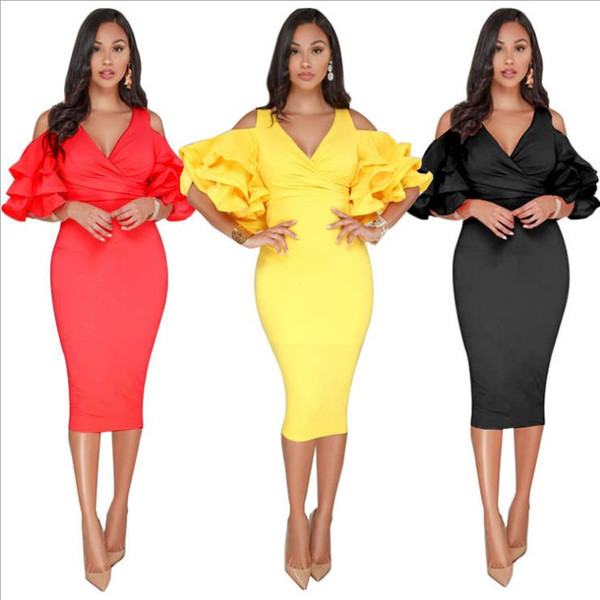 2018 Sexy Elegant Evening Dresses Tea Length Black Red Yellow Ruffles Sleeve V Neck Formal Women Evening Gowns Cheap Party Dresses In Stock