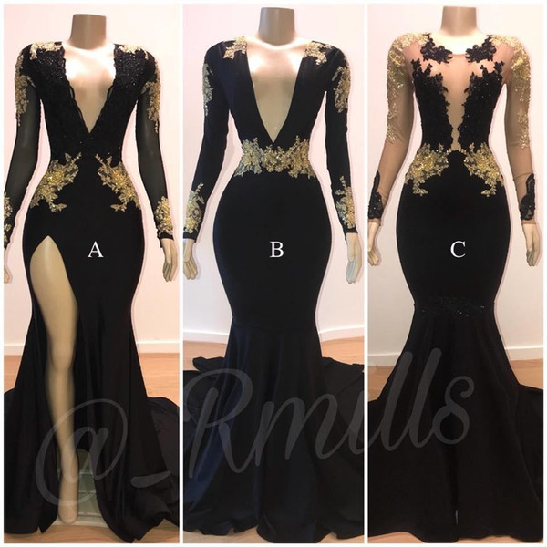 Amandabridal Black Sheer V Neck Split Side High Mermaid Prom Dresses Long Sleeves Black With Gold Lace Applique Evening Gowns Formals Wear