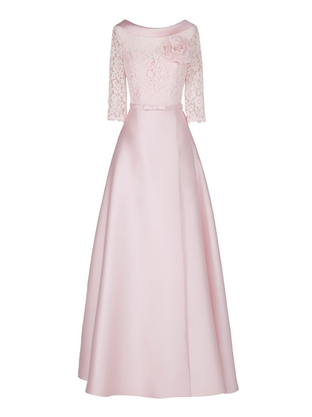 Light Pink Elegant A-line Satin Scalloped Evening Dress Party Dresses Lace Top 3/4 Sleeves U-back with Bow Prom Dress