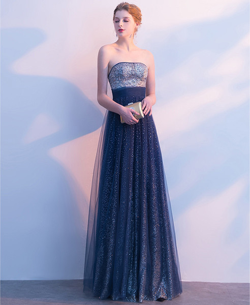 Sequins Tulle Evening Dress Navy Blue Strapless Prom Gowns Beaded Long Formal Party Dresses In Stock