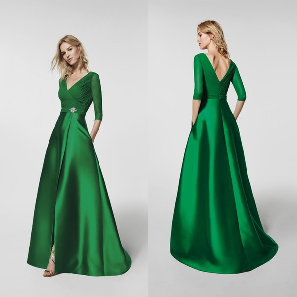 Top Quality Special Occasion Dresses V Neck A Line Gathered Bodice Split Skirt Emerald Green Elegant Evening Formal Dresses with Sleeve