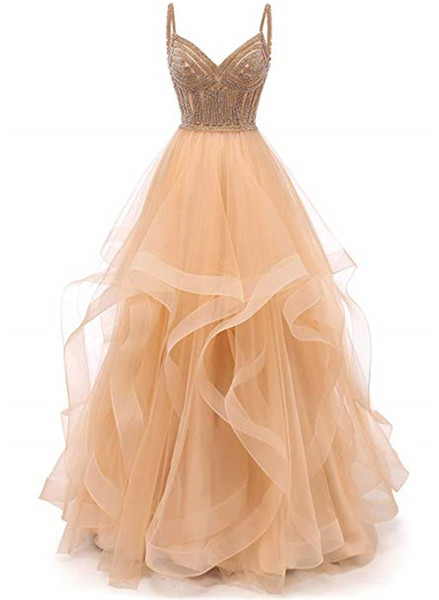 Tulle Crystal Beaded Prom Dresses Tiered Formal Evening Dresses Spaghetti Strap Ball Gown