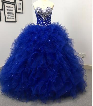 Fmogl Charming Strapless Royal Blue Princess Quinceanera Dresses Beaded Crystal Vestido Lace Up Debutante Dress For 15 anos