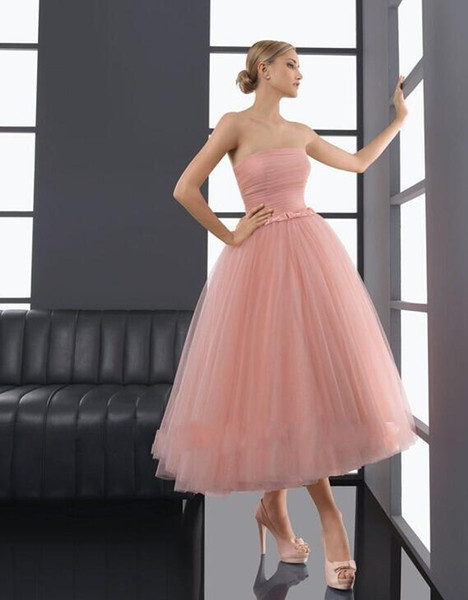 In Stock Beauty Pink Tulle Strapless Tea-Length Party Dresses Bridesmaid Dresses Custom Made SZ 2-16 p5201314