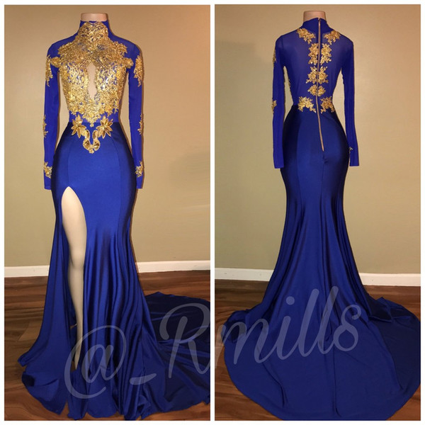 New Design 2K18 Sexy Blue Prom Dresses with Gold Lace Appliqued Mermaid Front Split for Long Party Evening Wear Gowns