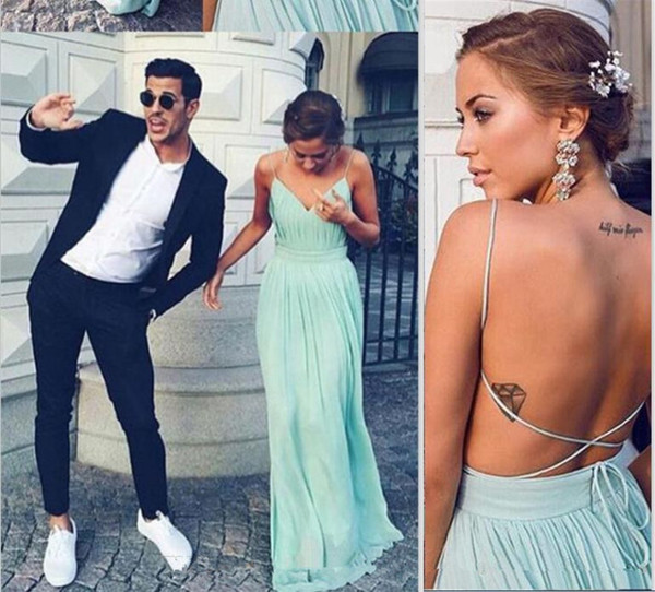 In stock spaghetti straps open back sexy prom dresses long floor ruched chiffon maid of honor wedding guest dress