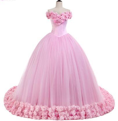 YQLNNE Debutante Off the Shoulder Quinceanera Dresses Sweet 16 Dress Pink 3D Flowers Tulle Lace-up Ball Gowns Vestidos De 15