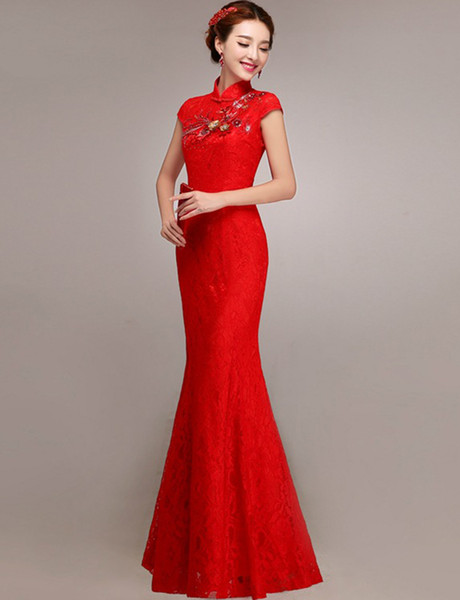 Red fishtail evening dress Fishtail cheongsam long lace self-cultivation bridal wear and formal dress for women