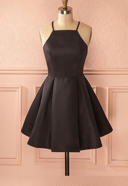 Vintage A-Line Halter Satin Short Black Homecoming Dress with Pockets Vestido De Festa Sexy Spaghetti Straps Cheap Formal Gowns for Girl