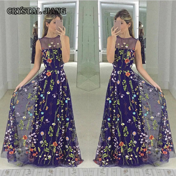 Long Evening Dresses Sleeveless Embroidery Flower Dress Lace Tulle Formal Gown