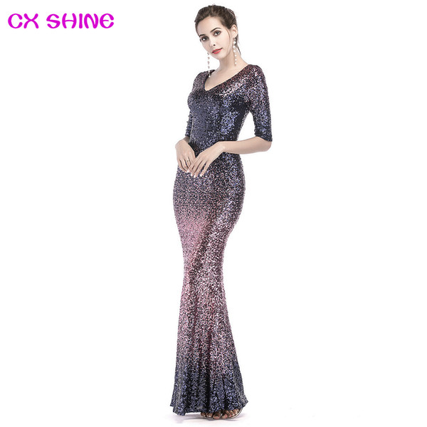 Long reflective evening dress Gradient color sequin mermaid trumpet prom evening dresses sleeve robe de soiree Vestido