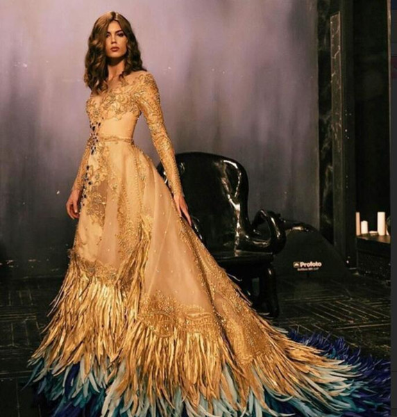 Evening Dress Long sleeve Ball gown Gold Feather Lace Long dress Yousef aljasmi Zuhair murad Almodal Yousef aljasm V-neck