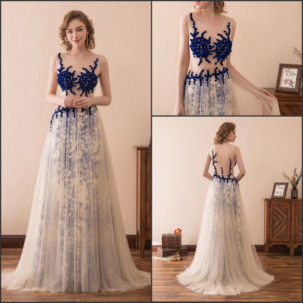Trendy Illusion Bodice Blue Evening Dresses Gowns Sleeveless Wedding Guest Dress Sheer Stock 2-16 Long Party Dress Prom Formal Pageant