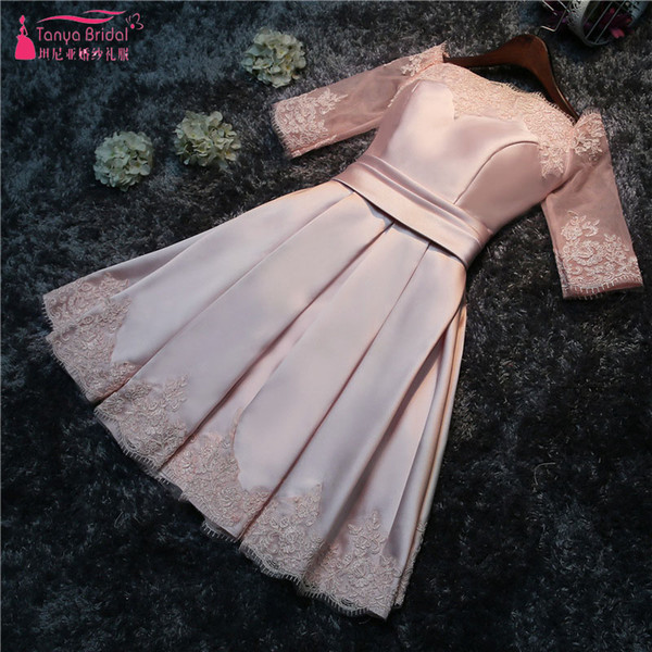 New lace up plus size flesh pink prom party dress bride toast suit Off Shoulder short bridesmaid dresses 2018 wholesale