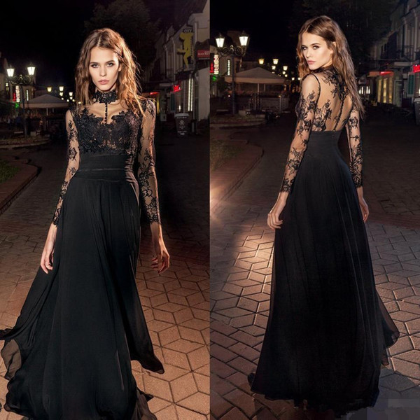 Sexy buttons see through back lace long sleeves prom dresses high collar floor length chiffon formal evening gowns