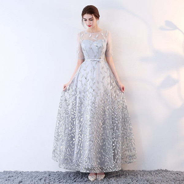 Elegant Grey Tulle With Embroidery Floor Length Long Prom Dress Vestido de fiesta Vestido de noche largo Piso - longitud