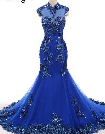 Blue High Neck Evening Dresses For Women Wear Vestido De Festa Celebrity Mermaid Lace Elegant Party Formal Gowns 