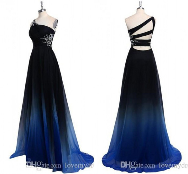 Ombre Gradiant Color Evening Dress One shoulder Empire Waist Chiffon Black Royal Blue Designer Long Cheap Prom Formal Special Occasion