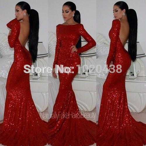 New Fashion backless Sparkly High Neck Sequined Mermaid Red Prom Dresses Long Sleeves Sexy Long Formal Evening Gown