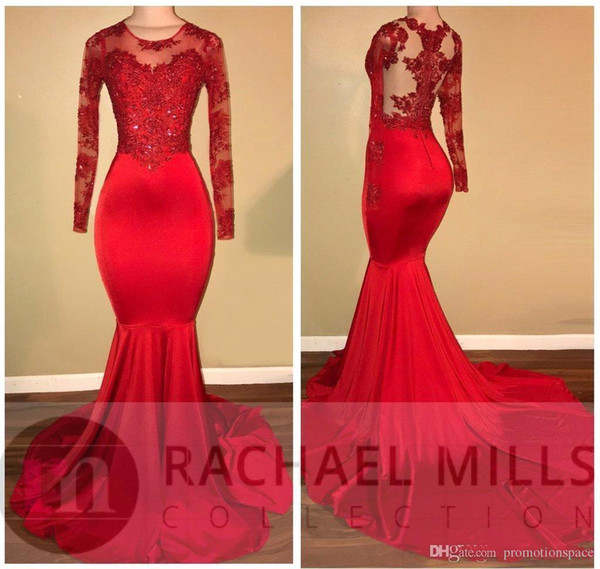 Amandabridal African Red Long Sleeve Mermaid Prom Dresses Beads Crystal Lace Appliqued Elastic Satin Sweep Train Women Formal Party Gow