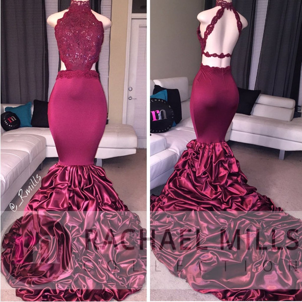 Sexy Bare Back BurgundyHot Selling Beaded Halter Evening Long Mermaid Dresses Hollow Waist Prom Gowns Ruched Skirt