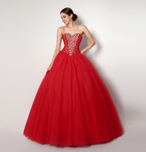 2015 Red Quinceanera Dresses with Beaded Crystal Back Corset Real Picture Vestidos de Festa Ball Gown Sweet 16 Dress