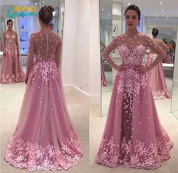 Robe de soiree 2017 sheer Lace Long Sleeve scoop Evening Dresses Detachable Train Applique bow Tulle Party Gown Stunning Prom Dresses