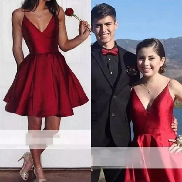 Low Price Homecoming Dresses Short Spaghetti Straps A Line Burgundy Satin Short Mini Prom Dresses Formal Girls Party Dresses Custom