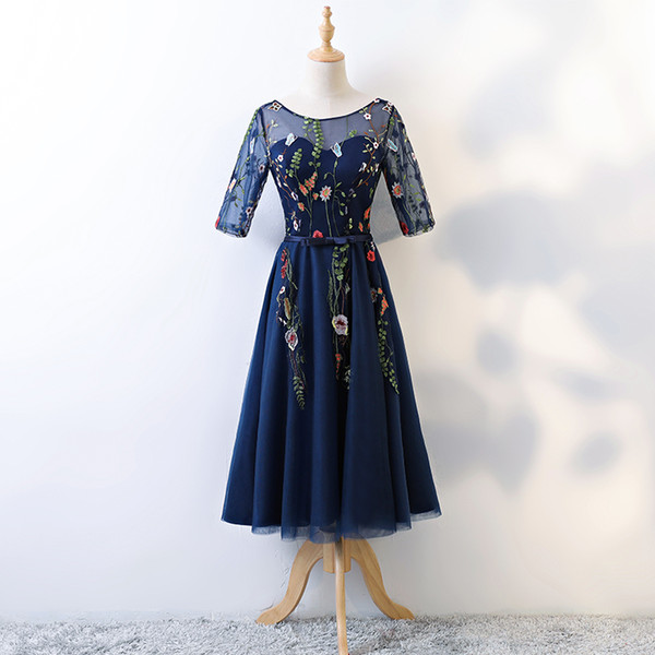 Real Photo In Stok Navy Blue Tulle Scoop Neck Backless Lace Up Transparent Half Sleeves Embroidery Tea Length Dress robe de soiree