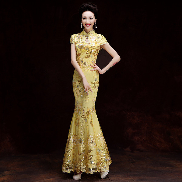 YSB051 Fashion Gold Lace Bride Wedding Qipao Long Cheongsam Chinese Traditional Dress Slim Retro Qi Pao Women Antique Dresses