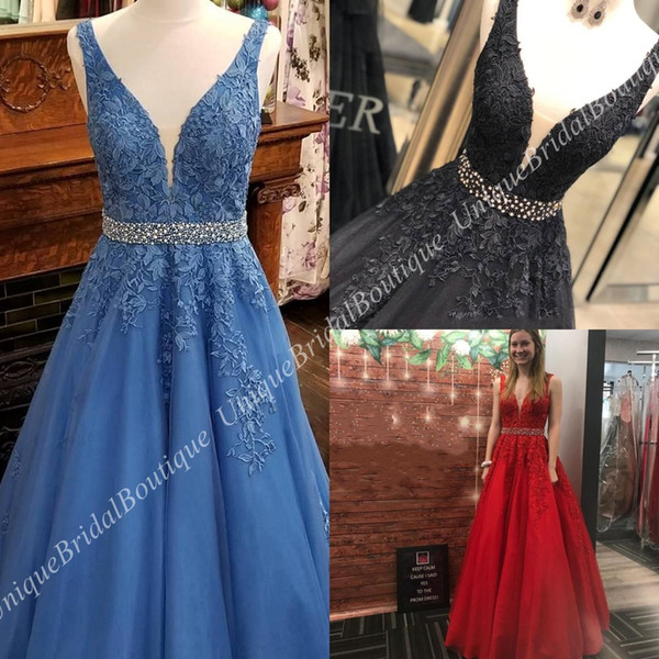 A Line Prom Dresses 2k19 Deep V-Neck Plunging Neckline Blue Black Red Lace Formal Evening Dress for Lady Real Pictures Beaded Belt Backless