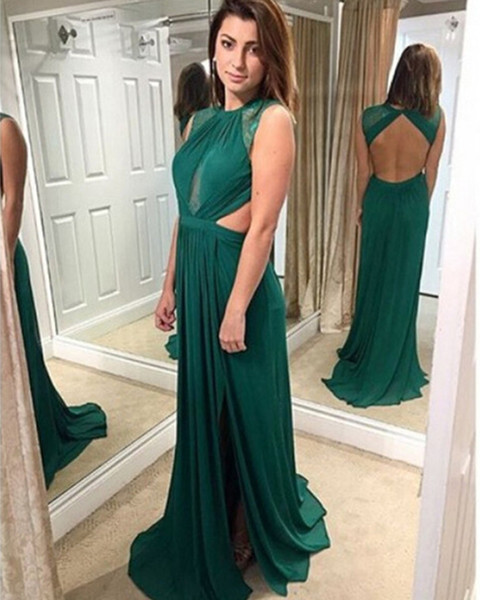 In Stock Hunter Green Color Sleeveless Chiffon Floor Length Sleeveless Evening Dress Jewel Backless Split Sexy Evening Gowns