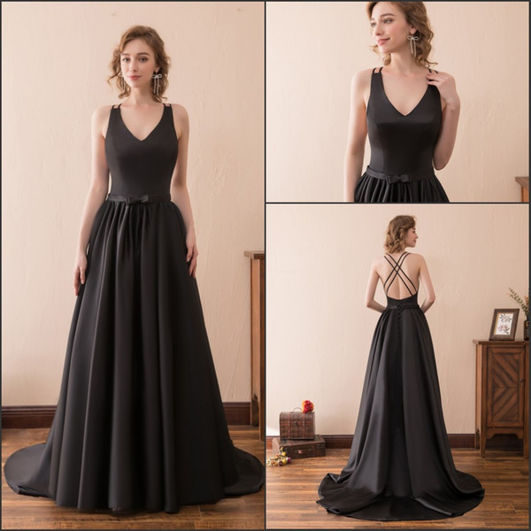 Modest V-Neck Black Evening Dresses Gowns Occasion Satin Backless Cross Straps Stock 2-16 A-Line Sexy Party Dress Prom Formal Ball