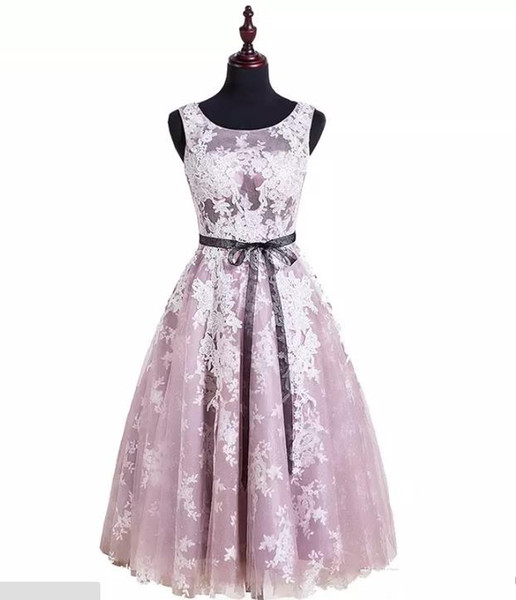 Light Pink Lace Jewel Sleeveless Black waist decoration Organza Knee-Length Evening Prom Homecoming Dresses 2017 New Arrival