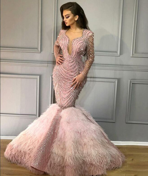 Evening dress Yousef aijasmi Kim kardashian Charble Elie saab Baby pink Feather Mermaidl Pearls V=Neck Long sleeve Zuhair murad 101