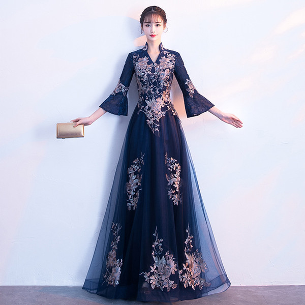 SYG32 Evening Dress Long Black Winter Dresses Temperament Court Flower Cheongsam Sexy Traditional Women Party Dresses Oriental Wedding Gowns