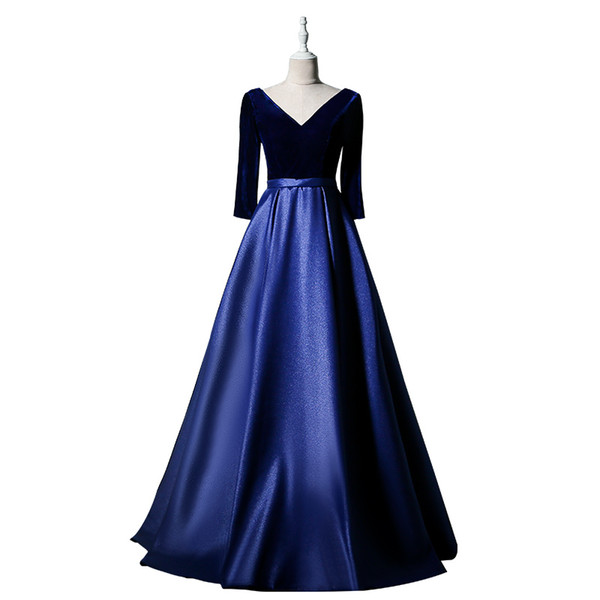 In stock Blue Prom party Dress Velvet Deep V-Neck Backless Bandage With Sash Three quarter Ball Gown Floor Lenth Long Evening Gown