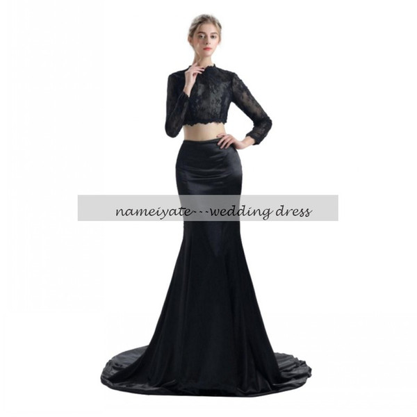 Mermaid / Trumpet High Neck Court Train Black Lace Charmeuse Formal Evening Dress with Lace two pieces