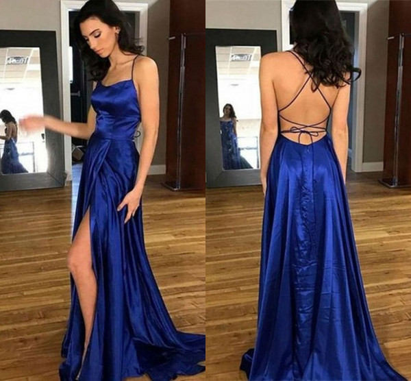 Sexy Royal Blue Slit Prom Dresses Spaghetti Criss Cross Strap Open Back Long Dresses Evening Wear Party Formal Gowns Cheap 