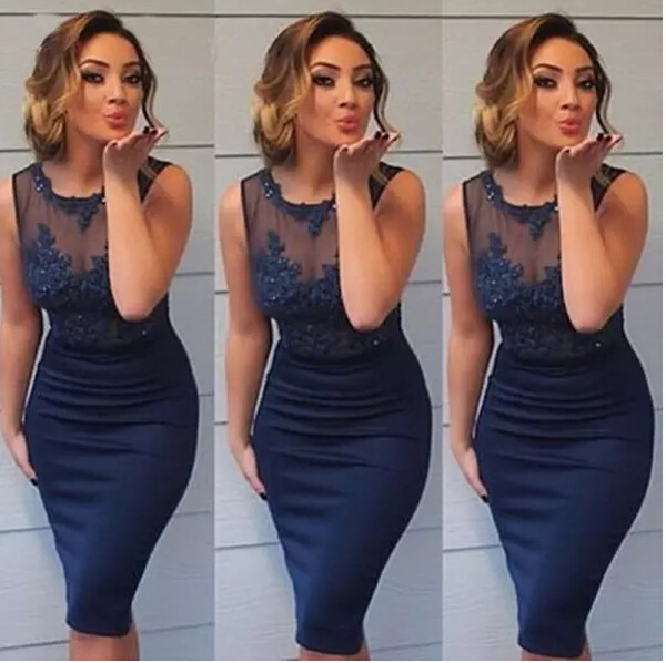 Modern 2017 Navy Blue Knee Length Short Cocktail Dresses Applique Lace Top Sheath Column Party Evening Gowns Elegant Women Dress