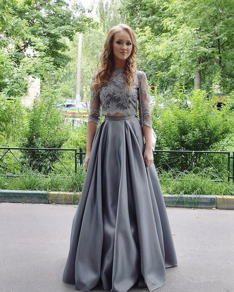 Modest lace long sleeves two pieces high collar evening gowns a line satin prom dresses