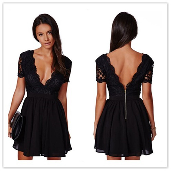 Sexy style nightclub Lace Evening Dresses balck deep V neck backless Party dresses Special Occasion Dresses A-Line knee Length skirt