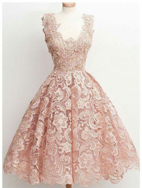 High Quality Pear Pink Vintage Lace Tea Length Homecoming Dresses Prom Dress Gradution Gowns In Stock