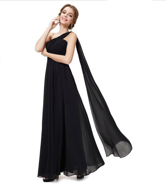 in stock one shoulder A-line chiffon evening dress back zipper ruffle floor length cheap formal wedding guest dress for women