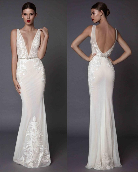 Sexy Sheath Evening Dresse 2017 Muse Berta Bridal Deep Plunging V Neckline Embroidered Bodice Open Low Back Sweep Train Floor Length Mermaid