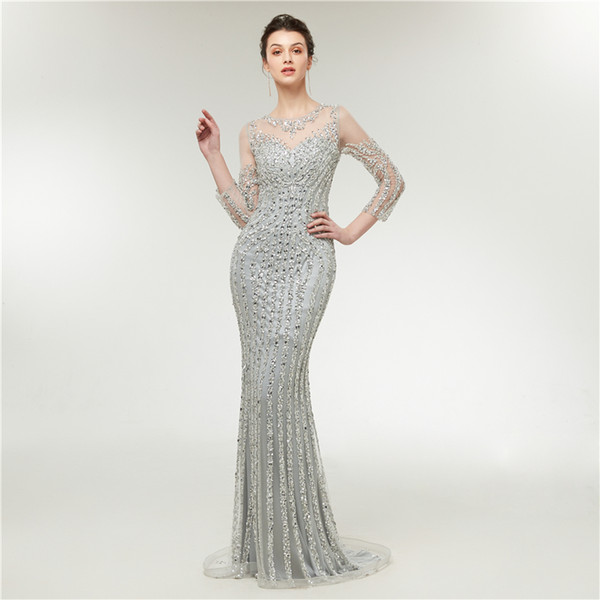 Sexy Beaded Mermaid Evening Dresses Floor Length Sheer Forma Gowns With 3/4 Sleeves Jewel C004 Prom Dresses Wedding Guest Gowns