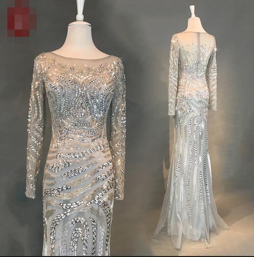 Real photos High Quality Silver Long Sleeve Long Evening Dresses 2018 Elegant Dress Pageant Illusion Crystal Beads Mermaid Prom Evening Gown