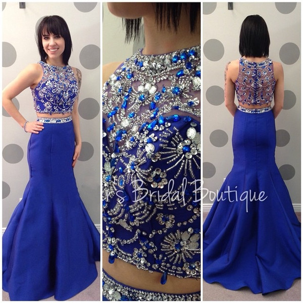 2016 In Stock Special Occasion Dresses under 100 Cheap Beaded Sequins Royal Blue Satin 2 Pieces Pageant Gowns US Size 10